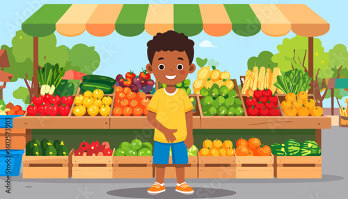A smiling young Black boy with curly hair, wearing a yellow t-shirt, blue shorts, and orange sneakers.