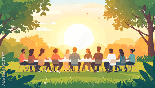 A diverse group of people seen from behind, sharing a meal at a long table outdoors during a warm, golden sunset.