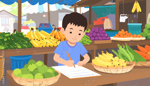 Focused young boy with black hair and a blue shirt writing on a list at a colorful outdoor fruit and vegetable market stall.