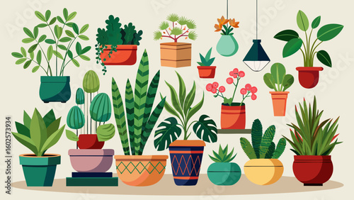 Vector art of a curated selection of houseplants in stylish pots creating a cozy home atmosphere