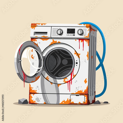 Washing Machine with Open Door and Rust Dripping Down Illustration