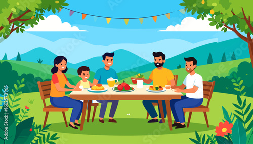 A cheerful family with friends enjoying a festive outdoor meal together at a wooden table.