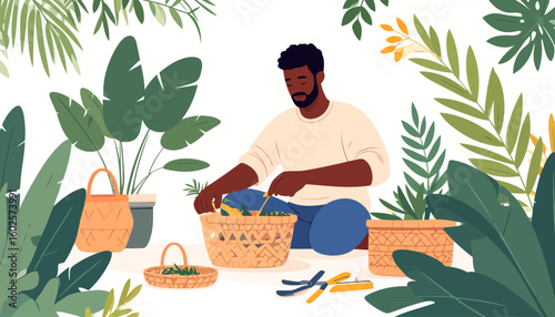A serene Black man with a beard sitting cross-legged while tending to his indoor plants and woven baskets.