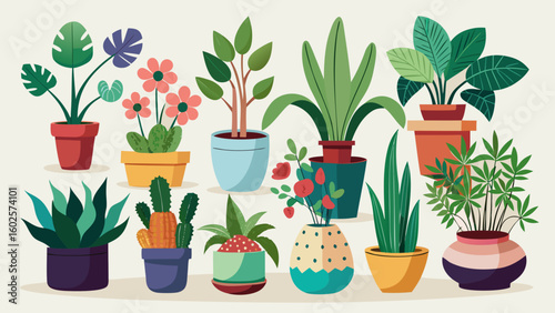 Vector art of an artistic arrangement of diverse potted plants and flowers isolated on white background