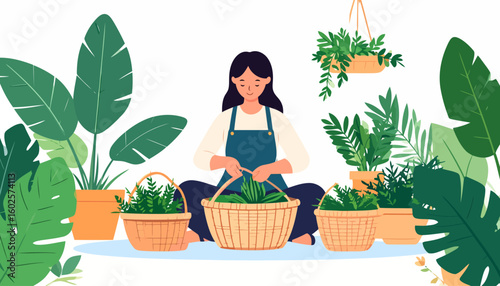 Smiling woman in a blue apron sitting cross-legged, arranging fresh green plants into wicker baskets surrounded by lush houseplants.