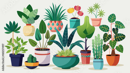 Vector art of a vibrant collection of various potted houseplants in different colorful pots isolated on white background