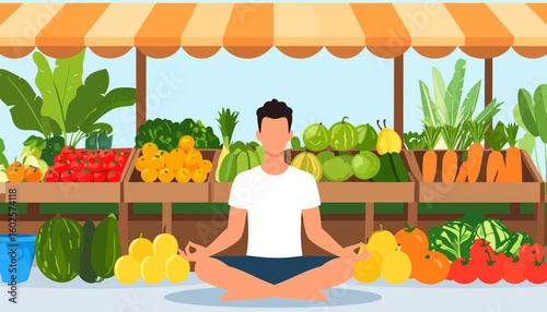 Calm man in lotus pose meditating at a vibrant farmers' market surrounded by fresh produce.