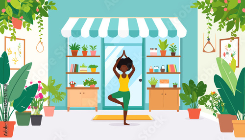 A focused Black woman with an afro hairstyle practicing the yoga Tree Pose.