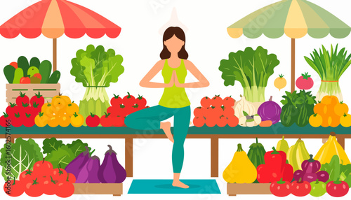 Woman practicing yoga in a tree pose at a vibrant farmers' market stall filled with fresh vegetables.
