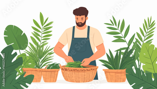Bearded gardener in a blue apron sorting fresh green leaves into a large wicker basket.