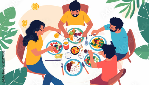 A smiling family of four eating a colorful, healthy meal together around a white dining table in a flat illustration style.