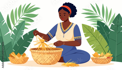 Smiling woman in traditional clothing weaving natural fibers into a wicker basket.