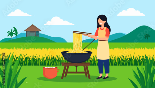 Cheerful woman with black hair cooking yellow noodles in a wok using large chopsticks.