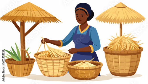 Illustration of an African woman crafting with straw, surrounded by woven baskets and thatched umbrellas.