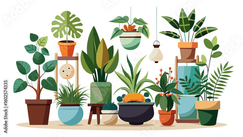 Vector art of an eclectic display of indoor plants in various pots and hanging planters isolated on white background