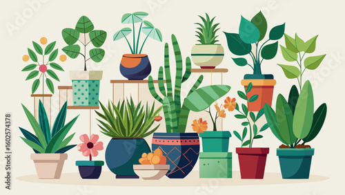 Vector art of a charming arrangement of potted plants including succulents and flowering varieties isolated on white background