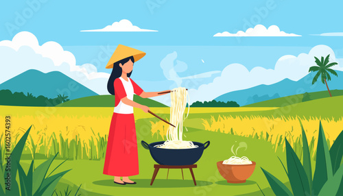 Woman in a conical hat and red dress cooking steaming noodles with chopsticks in a wok.
