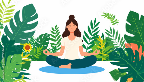 Serene young woman with a top knot hairstyle meditating in a lotus pose with a calm expression.