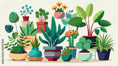 Vector art of a vibrant collection of diverse potted houseplants in various decorative pots