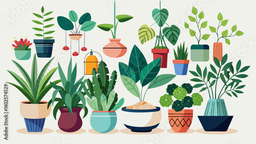 Vector art of an artistic arrangement of various houseplants in stylish pots creating a lively indoor garden
