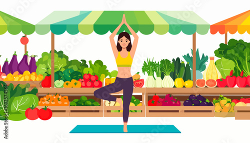 Smiling woman in a yellow sports bra and purple leggings practicing the yoga tree pose on a blue mat.
