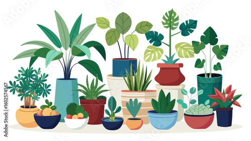 Vector art of a lively assortment of houseplants in colorful pots bringing nature indoors
