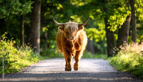 Highland cow walks down a sunlit forest road