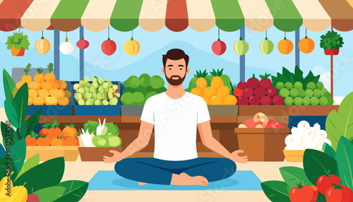 Calm bearded man meditating in a lotus pose at a colorful outdoor farmers market stall.