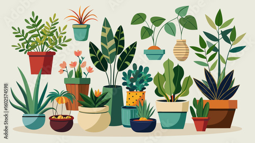 Vector art of a charming display of various indoor plants in uniquely designed pots creating a cozy atmosphere