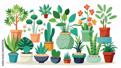 Vector art of an eclectic assortment of potted houseplants and flowers arranged together isolated on white background
