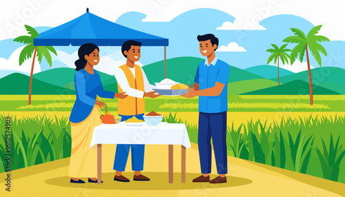 A group of three smiling people sharing food outdoors. A man in an orange vest and a woman serve a meal to another man under a blue canopy.