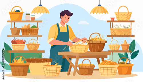 Young male artisan in a blue apron skillfully weaving a traditional wicker basket.