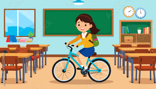 A cheerful schoolgirl with a ponytail and backpack riding a bright blue bicycle.