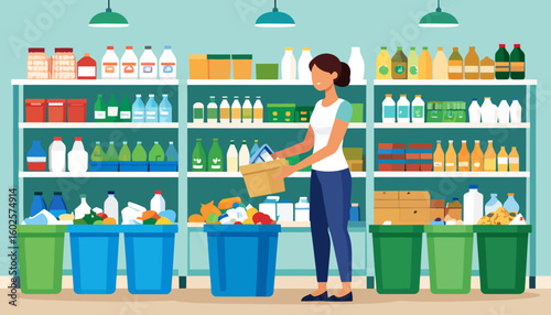 Woman sorting household waste from a box into colorful recycling bins in a storage room.