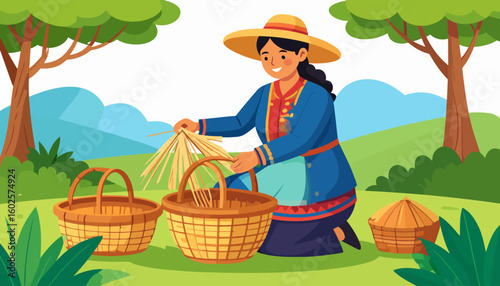 Smiling artisan woman in traditional blue attire and a straw hat skillfully weaving a wicker basket.