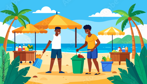 Smiling young Black couple cleaning a sandy beach, collecting litter with a dustpan and picker.