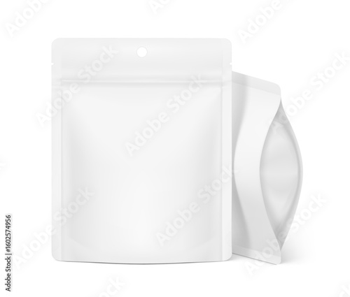 Realistic stand up pouch bag with hole slot mockup. Front view. Vector illustration isolated on white background. Ready for your design. EPS10.	