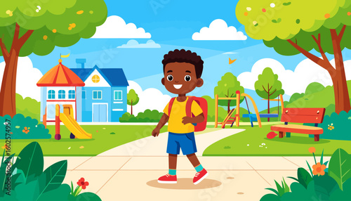 Cheerful cartoon boy with dark skin and curly hair walking with a red backpack.