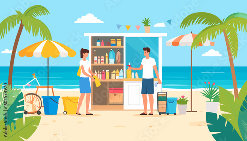 Environmental volunteers, a man and woman, cleaning a beachside stall with spray bottles and cloths.