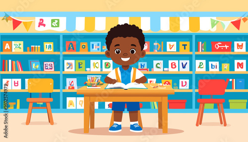 Cheerful African American boy with curly hair and suspenders reading a book at a desk.