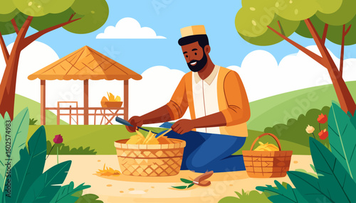 A cheerful bearded man in a kufi cap kneels while sorting produce into a large woven basket.