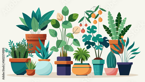 Vector art of a cheerful gathering of potted plants including leafy varieties and succulents arranged to bring life and color to any indoor space