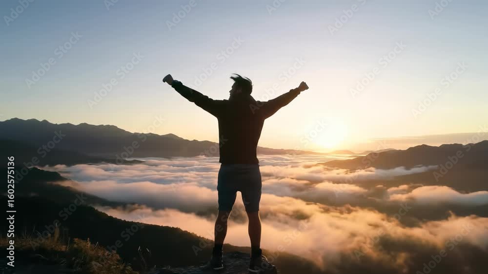 Silhouette of a male entrepreneur standing on a mountaintop overlooking a sunrise and clouds, concept for personal achievement, outdoor adventure and travel inspiration. Silhouette of a male entrepreneur standing on a mountaintop overlooking a sunrise and clouds, concept for personal achievement, outdoor adventure and travel inspiration.