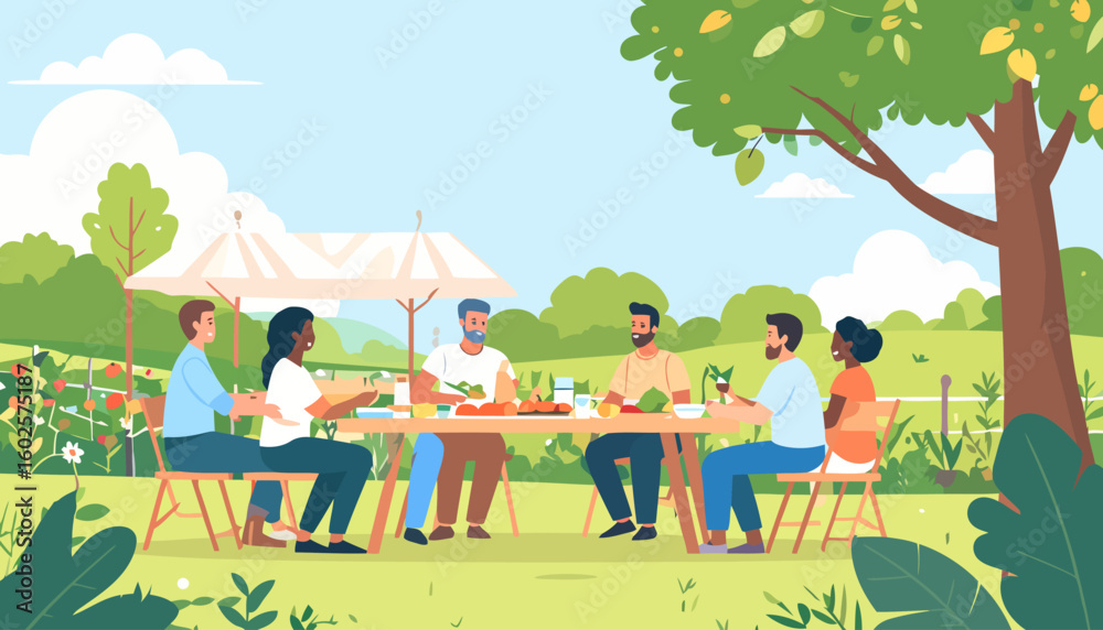 Fototapeta premium Diverse group of six friends enjoying a sunny outdoor meal at a wooden table.