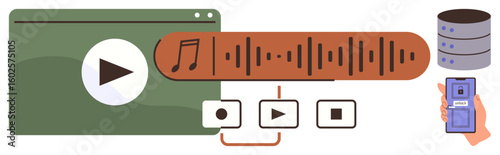Media window with play button, sound waveform, playback controls, server stack, and hand holding a device. Ideal for streaming, storage, audio, technology communication data processing digital