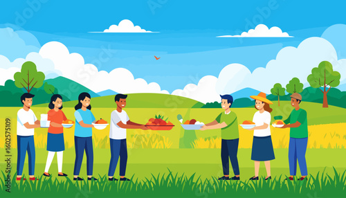 A diverse group of smiling friends standing in a line, sharing food and enjoying an outdoor community gathering.