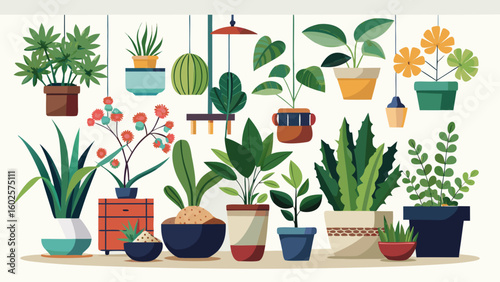 Vector art of a diverse collection of hanging and potted houseplants isolated on white background
