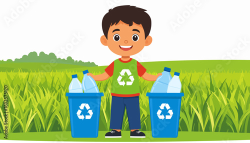 Smiling cartoon boy wearing a green recycling shirt, holding two blue bins filled with plastic bottles.