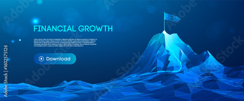 Tech success mountain concept with business growth background and leadership vision. Abstract 3D journey path with arrow climb toward career goals and AI opportunities. Vector illustration.