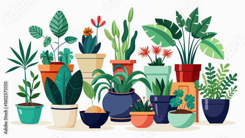 Vector art of a vibrant collection of various potted houseplants in different pots and containers isolated on white background